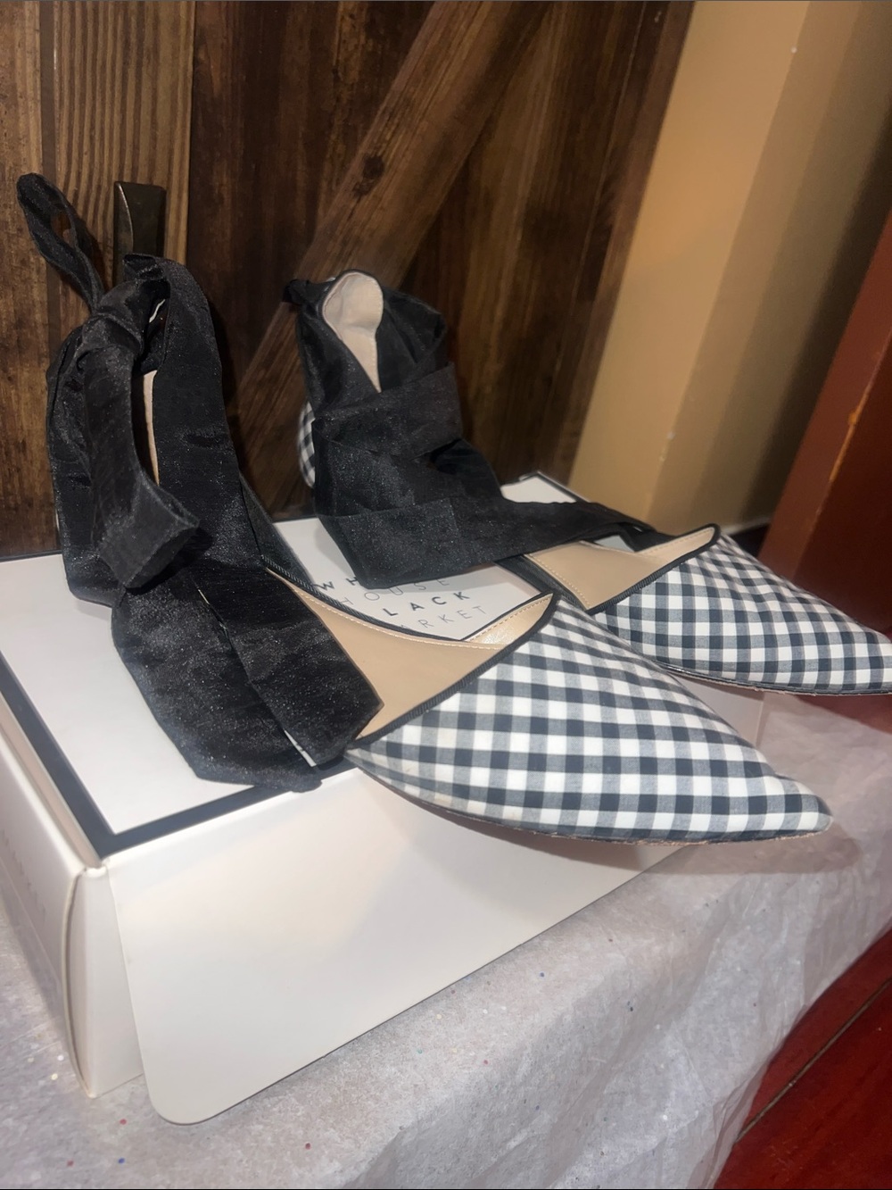White House Black Market Black & White Gingham Pointed Toe Flats with Ankle Ties
